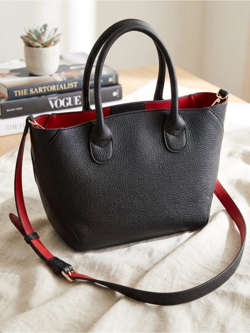 Chic Black Pebbled Leather Tote Bag w/ Pop of Red Lining & Crossbody Strap